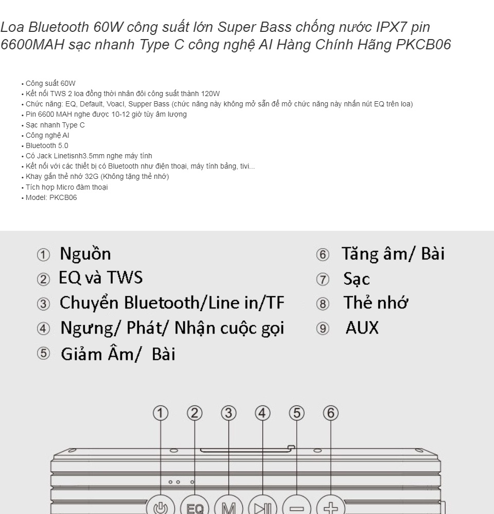 Loa Bluetooth không dây công suất lớn Super Bass chống nước IPX7 pin 6600MAH sạc