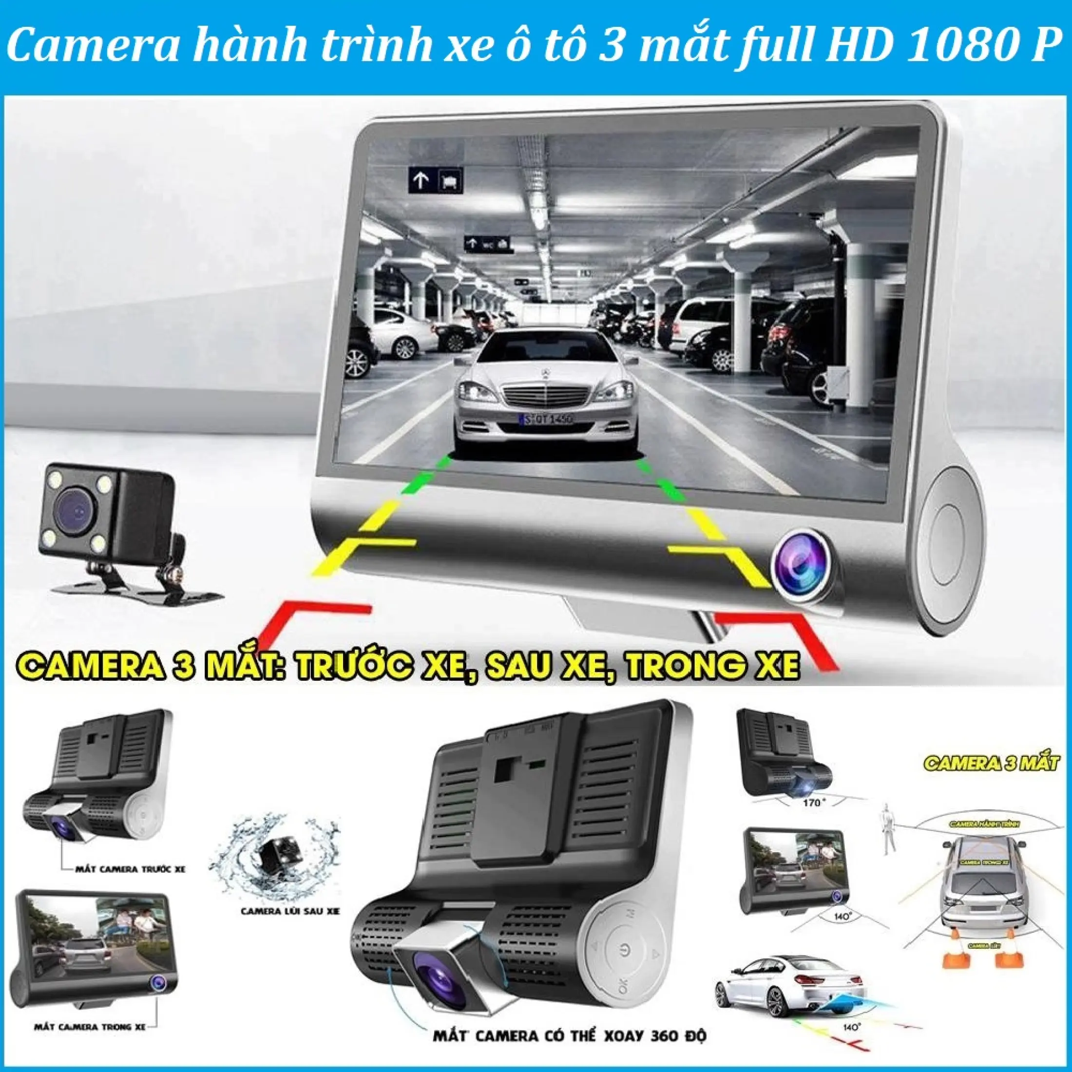 CAMERA HÀNH TRÌNH X005 FULL 3 CAM - màn hình 4 inch full HD 1080 (TRƯỚC, SAU, LÙI), Camera chống nước- Tốc Độ Ghi Hình Đa Chiều 1680x960 (30f s)Tự Động khi phát hiện chuyển động bất thường ở trước xe khi đõ xe- Độ Phân Giải Cao - Quay Rõ Nét Vào Ban đêm 4