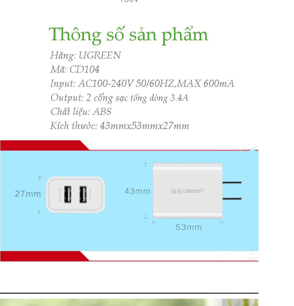 Sạc 2 cổng USB-A UGREEN CD104 - Dòng sạc tối đa 3.4A (Tối đa 2.4A mỗi cổng) Sạc 2 cổng USB-A UGREEN CD104 - Dòng sạc tối đa 3.4A (Tối đa 2.4A mỗi cổng)