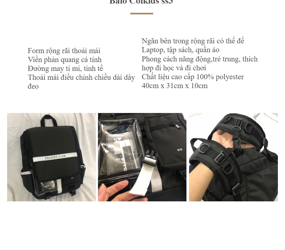 Balo Phản Quang COLKIDS SS3 đi học dành cho nam nữ Màu Đen giá rẽ