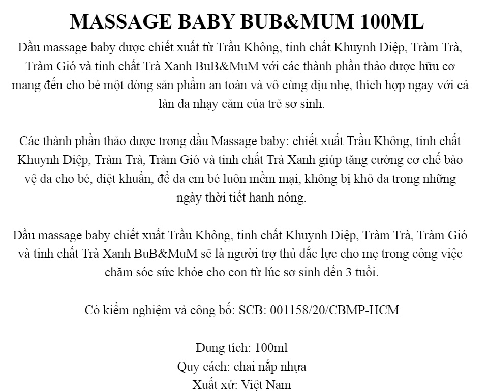 massage baby dầu mát xa giữ ẩm thư giãn cho bé 100ml bub&mum 1