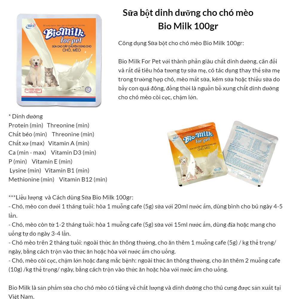 Sữa bột cho chó mèo Bio Milk 100gr cung cấp dinh dưỡng cho chó mèo