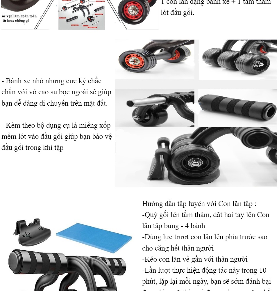 MPVC Dụng Cụ Tập Gym Tại Nhà Con Lăn 4 Bánh Cao Cấp Tặng Kèm Thảm Lót - Dụng Cụ Tập Cơ Bụng rèn luyện sức khỏe con lăn tập bụng giảm mỡ tăng cơ - con lăn chuyên dùng tại phòng gym - con lăn rèn luyện thể thao tại nhà- dụng cụ thể thao 3