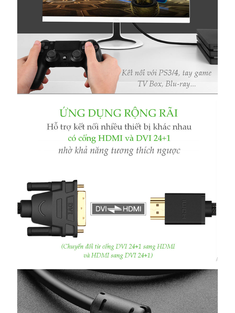Cáp chuyển đổi tín hiệu từ cổng DVI 24+1 sang HDMI và ngược lại từ HDMI sang DVI 24+1 vỏ bện nylon, độ dài từ 1-5m UGREEN HD133 Cáp chuyển đổi tín hiệu từ cổng DVI 24+1 sang HDMI và ngược lại từ HDMI sang DVI 24+1 vỏ bện nylon, độ dài từ 1-5m UGREEN HD133