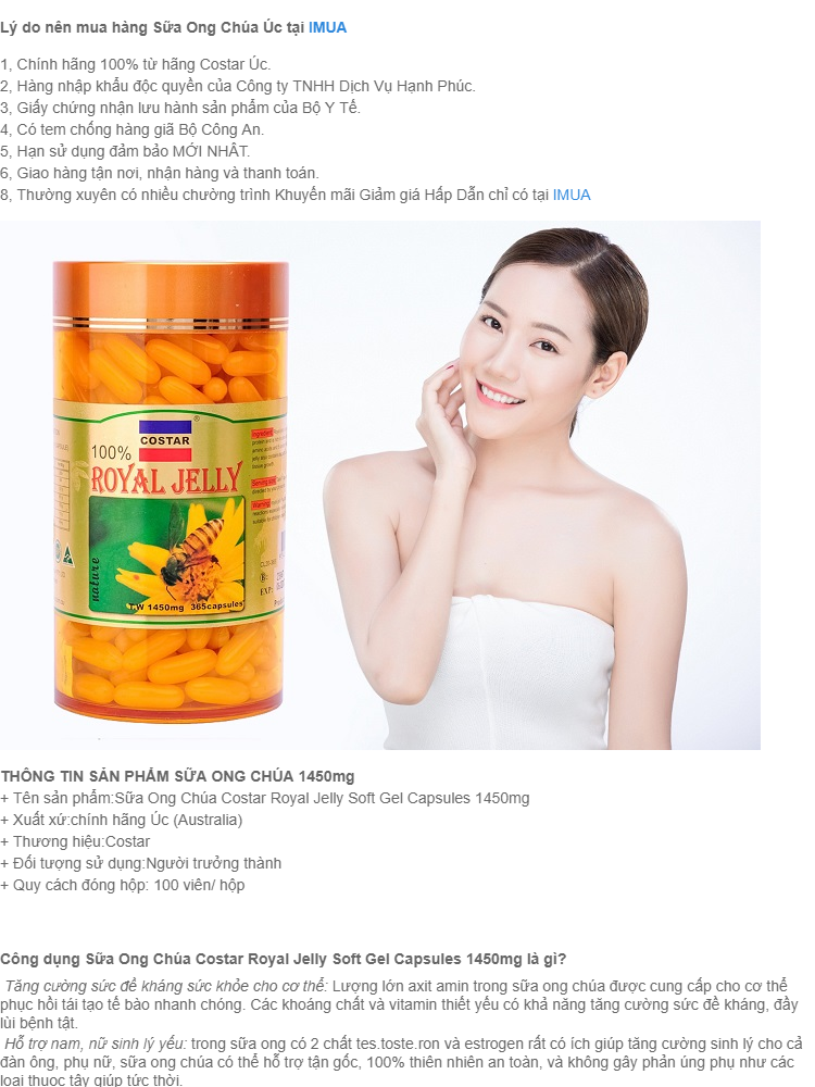 [hcm]viên uống sữa ong chúa costar úc royal jelly soft gel capsules 1450mg (100 viên) 1