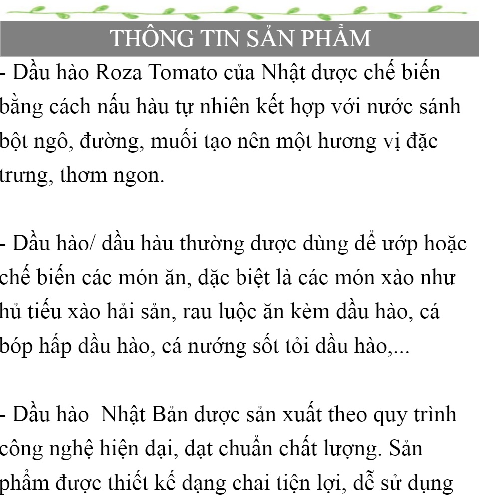 DẦU HÀO NHẬT BẢN ROZA TOMATO DÙNG ƯỚP HOẶC CHẾ BIẾN CÁC MÓN XÀO (CHAI 180GR) - HÀNG NỘI ĐỊA NHẬT