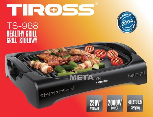 Vỉ nướng điện để bàn Tiross TS968 sử dụng công suất lớn 2.000W giúp nướng thực phẩm nhanh hơn.