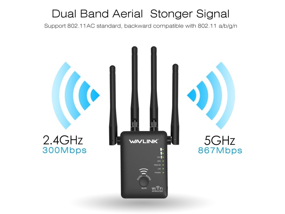 wavlink ac1200 không dây repeater tăng cao kép phạm vi mở rộng và router tăng cường tín hiệu hỗ trợ 802.11ac (300 mbps + 867 mbps) nút wps với 4 ăng ten ngoài-đen-quốc tế(eu plug) 5