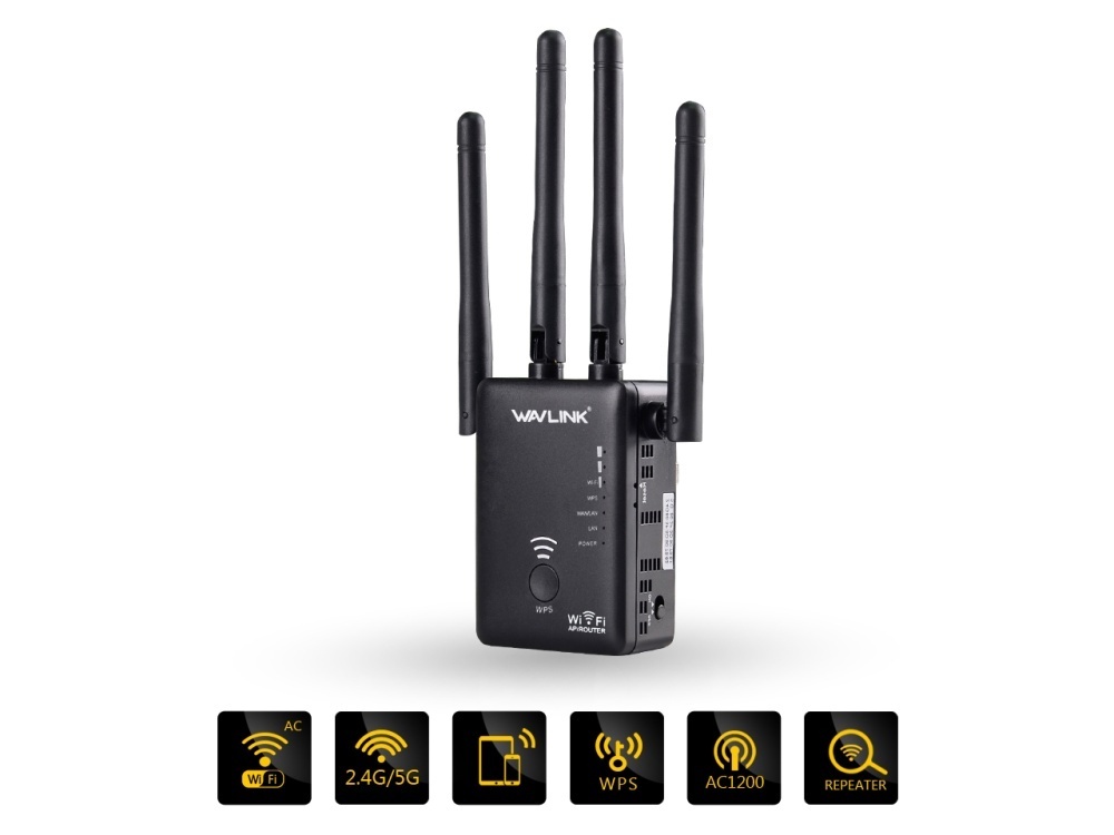 wavlink ac1200 không dây repeater tăng cao kép phạm vi mở rộng và router tăng cường tín hiệu hỗ trợ 802.11ac (300 mbps + 867 mbps) nút wps với 4 ăng ten ngoài-đen-quốc tế(eu plug) 2