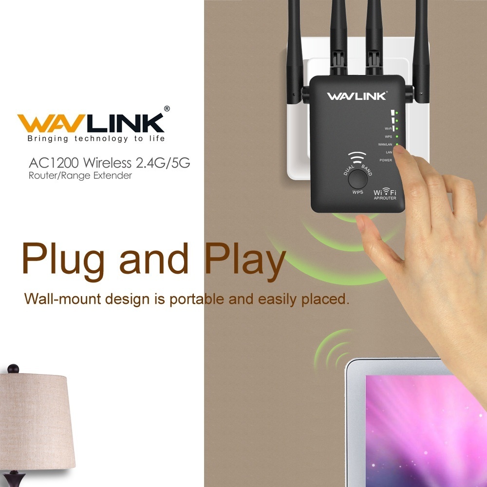 wavlink ac1200 không dây repeater tăng cao kép phạm vi mở rộng và router tăng cường tín hiệu hỗ trợ 802.11ac (300 mbps + 867 mbps) nút wps với 4 ăng ten ngoài-đen-quốc tế(eu plug) 11