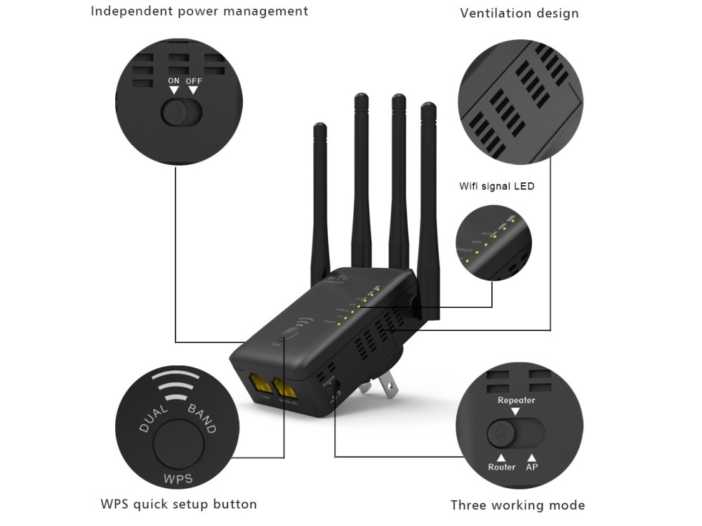wavlink ac1200 không dây repeater tăng cao kép phạm vi mở rộng và router tăng cường tín hiệu hỗ trợ 802.11ac (300 mbps + 867 mbps) nút wps với 4 ăng ten ngoài-đen-quốc tế(eu plug) 3