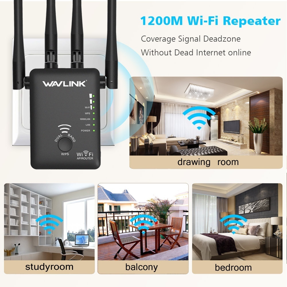 wavlink ac1200 không dây repeater tăng cao kép phạm vi mở rộng và router tăng cường tín hiệu hỗ trợ 802.11ac (300 mbps + 867 mbps) nút wps với 4 ăng ten ngoài-đen-quốc tế(eu plug) 9