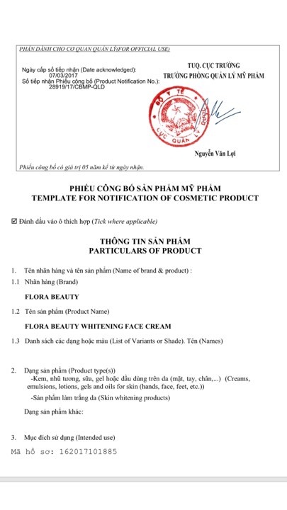 Giấy công bố Whitening face cream 