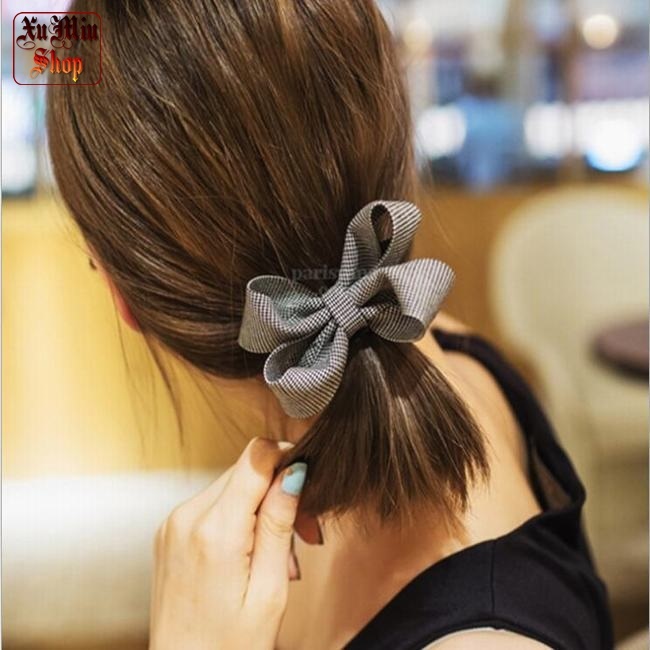 Dây buộc tóc kết nơ caro xám